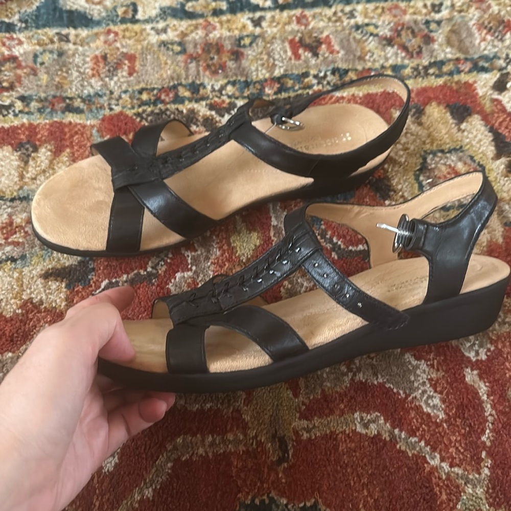 Naturalized black leather sandal.  Size 9